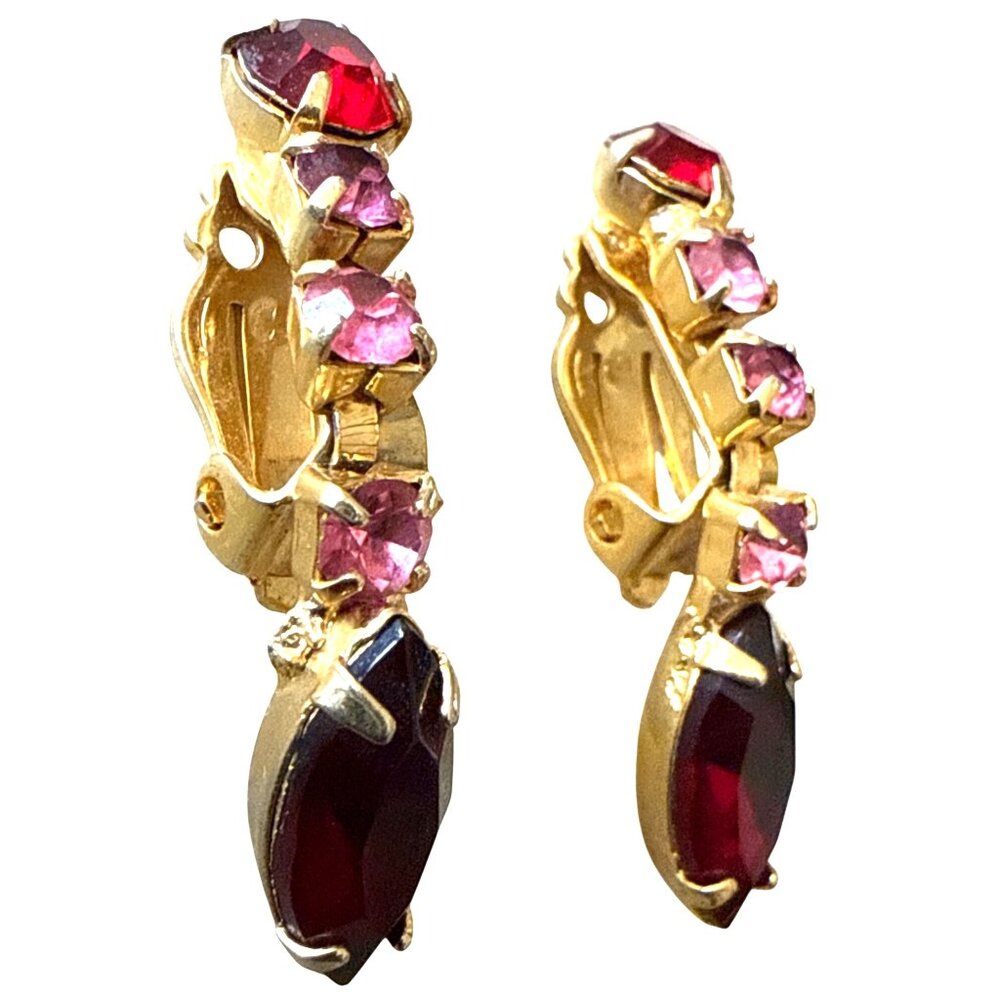Vintage Gold-Tone Clip-On Earrings With Red & Pink Rhinestones